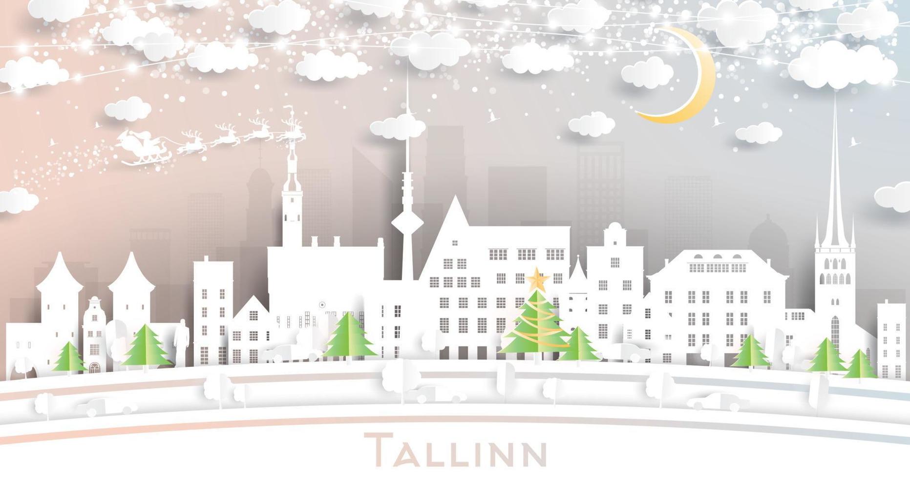 Tallinn Estland stad horizon in papier besnoeiing stijl met sneeuwvlokken, maan en neon guirlande. vector