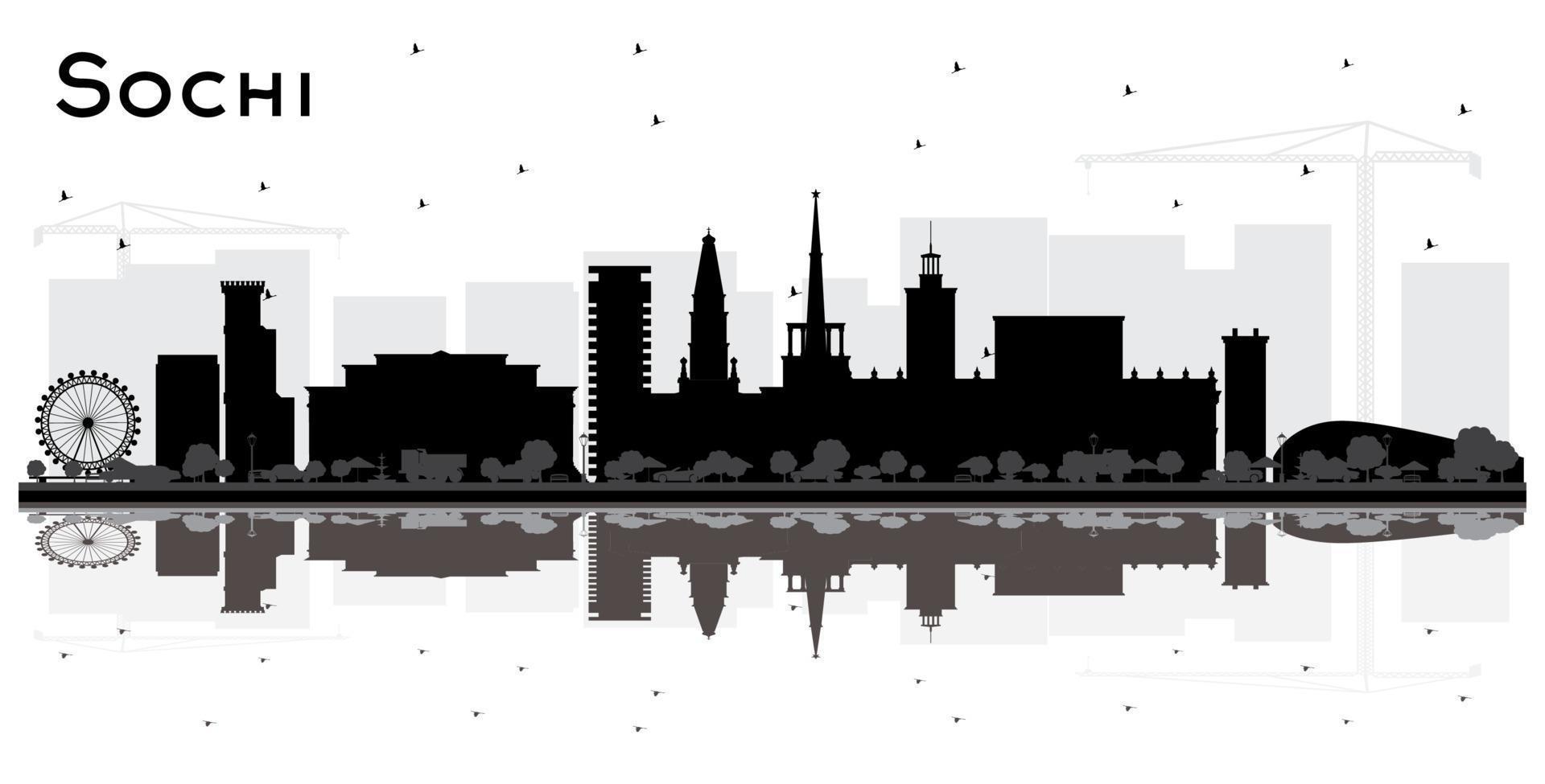 Sotsji Rusland stad horizon silhouet met zwart gebouwen en reflecties geïsoleerd Aan wit. vector