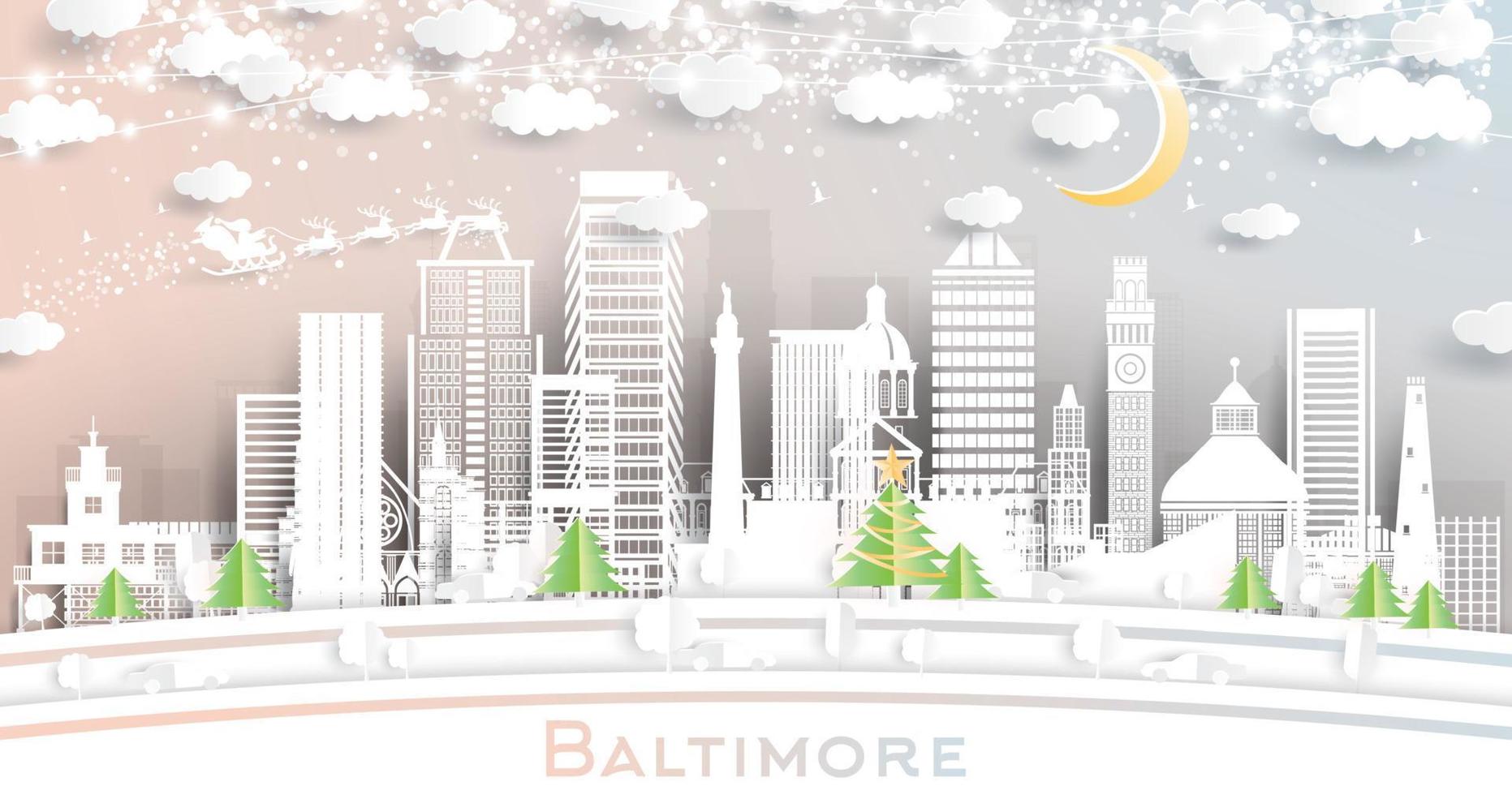 Baltimore Maryland stad horizon in papier besnoeiing stijl met sneeuwvlokken, maan en neon guirlande. vector