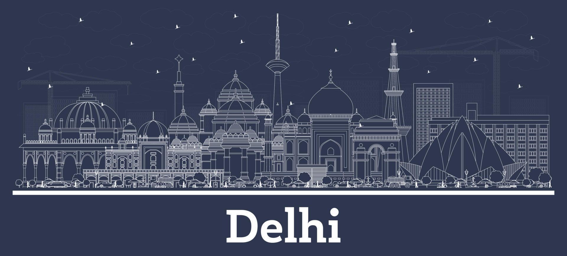 schets Delhi Indië stad horizon met wit gebouwen. vector