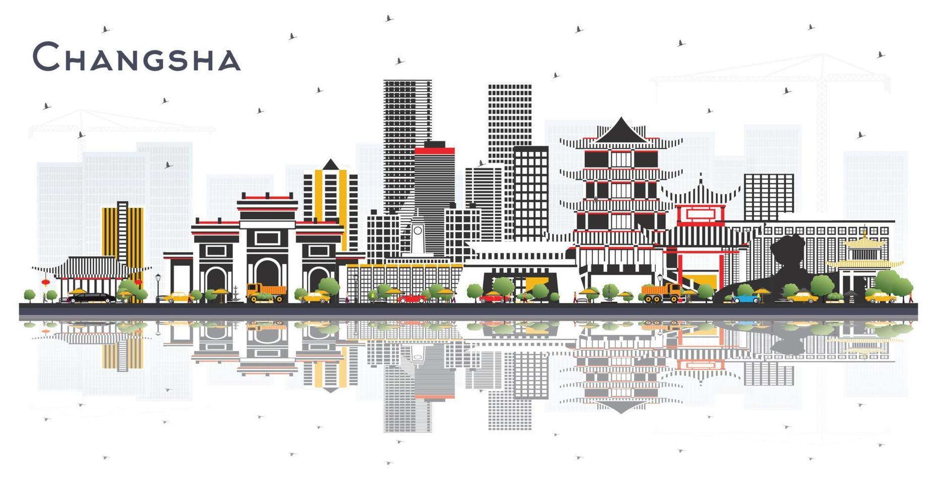 Changsha China stad horizon met grijs gebouwen en reflecties geïsoleerd Aan wit. vector