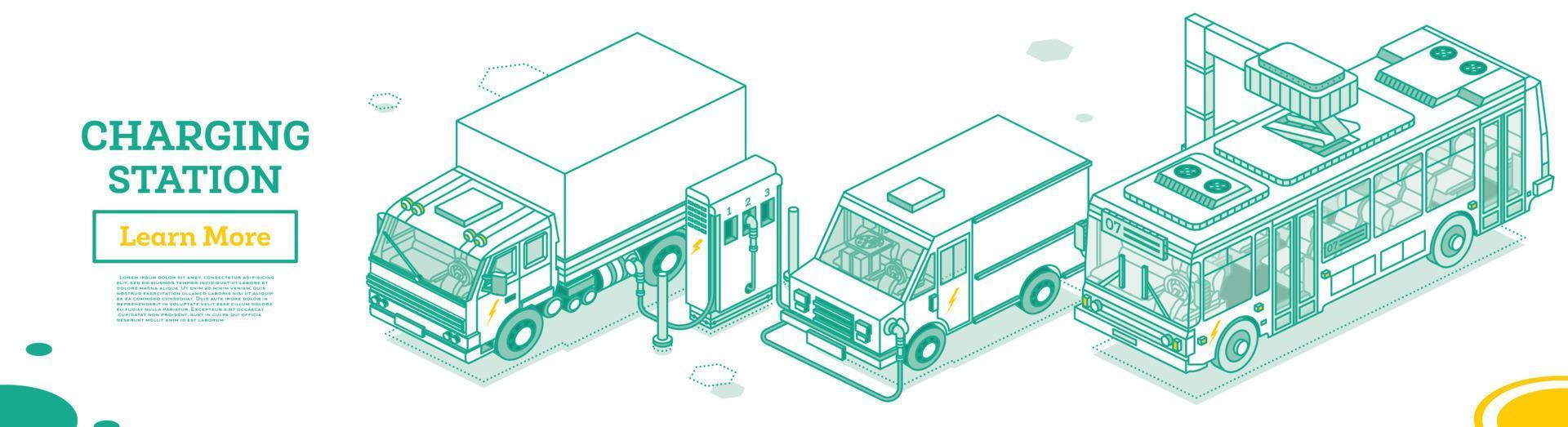 elektromobiel opladen station. vrachtwagen, busje en bus. eco vervoer. groen energie. vector