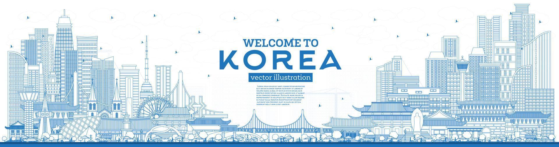 schets Welkom naar zuiden Korea stad horizon met blauw gebouwen. vector
