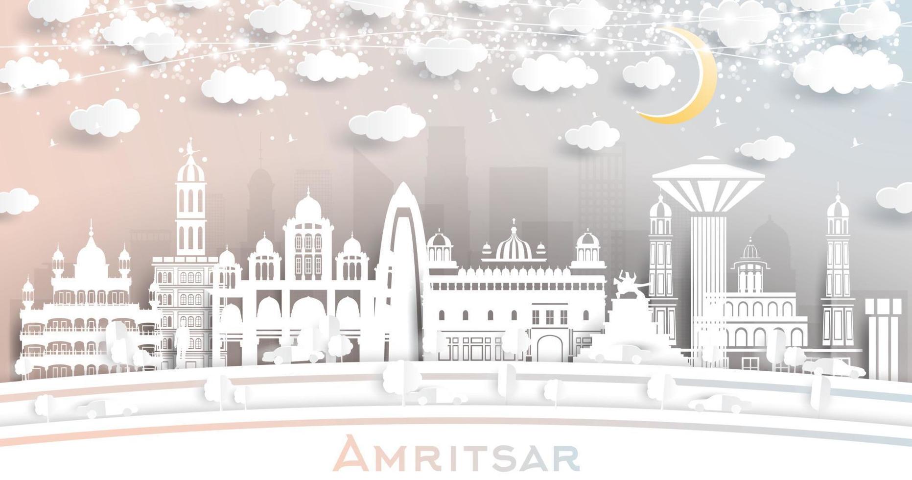 Amritsar Indië stad horizon in papier besnoeiing stijl met wit gebouwen, maan en neon guirlande. vector