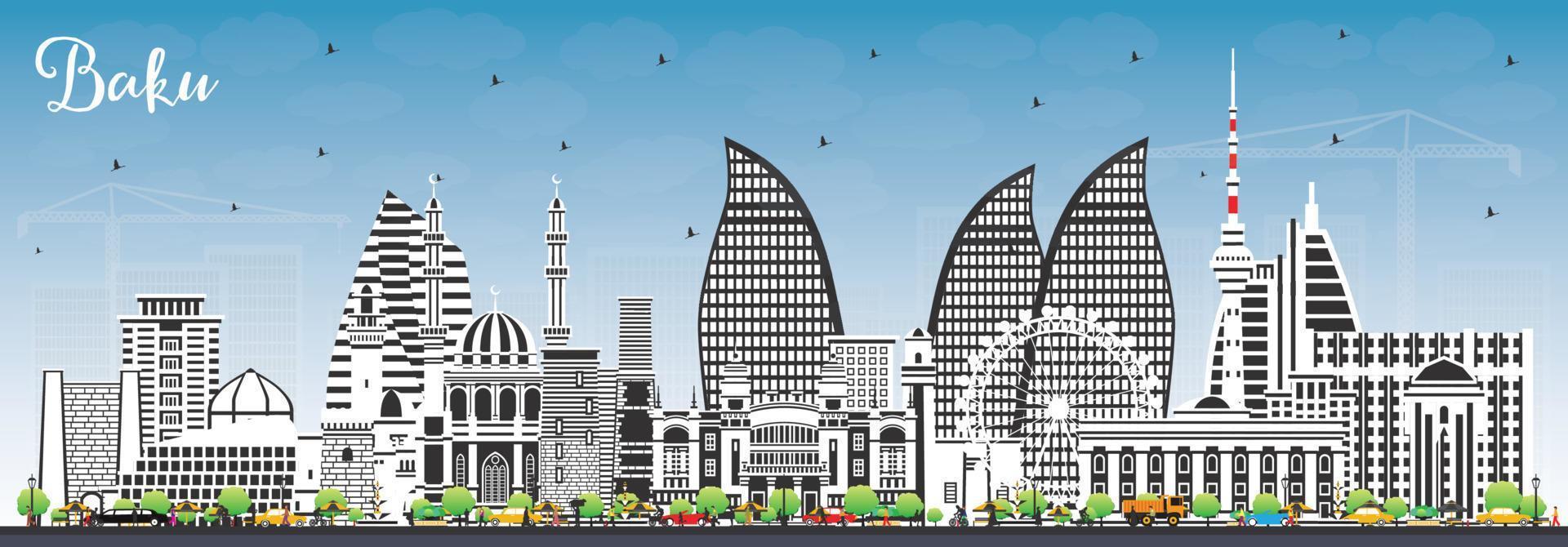 Baku Azerbeidzjan stad horizon met kleur gebouwen en blauw lucht. vector