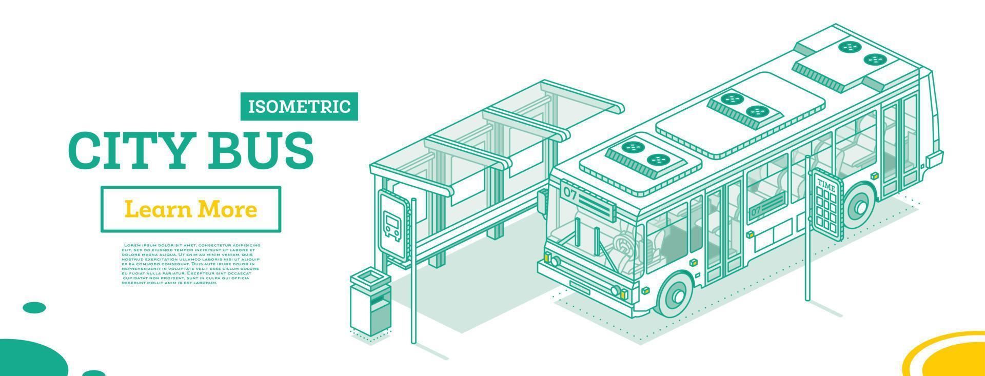 stad bus en bus hou op. isometrische schets concept. vector illustratie.