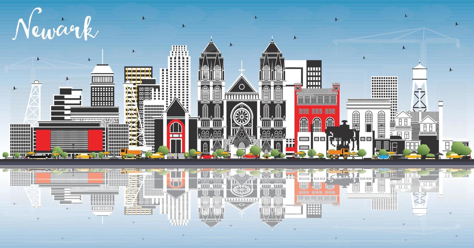 newark nieuw Jersey stad horizon met kleur gebouwen, blauw lucht en reflecties. vector