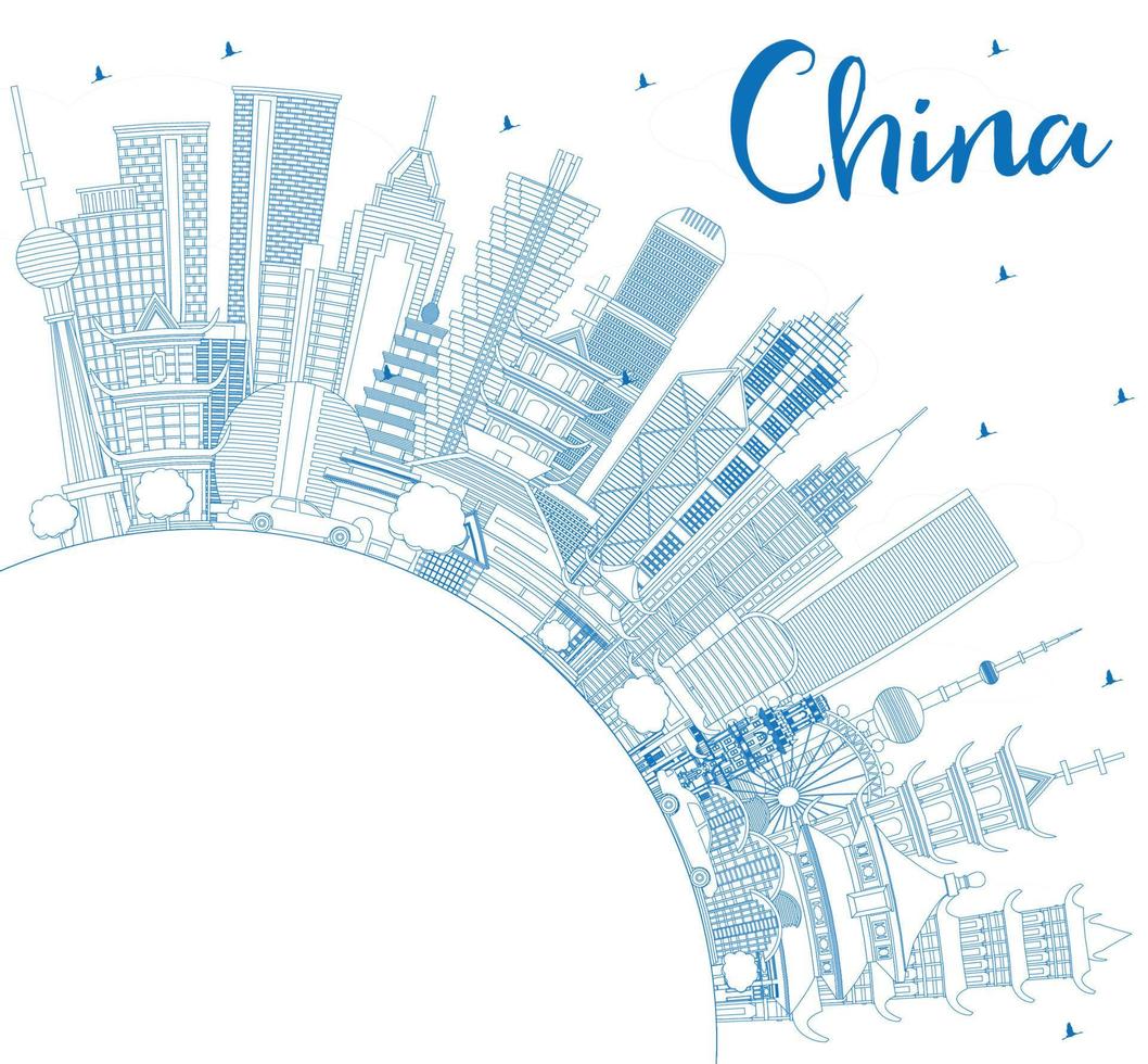 schets China stad horizon met blauw gebouwen en kopiëren ruimte. vector