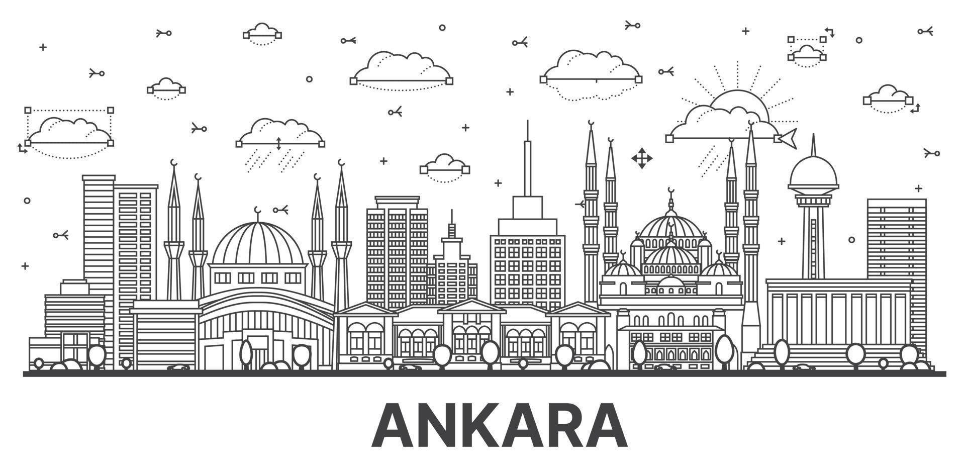 schets Ankara kalkoen stad horizon met historisch gebouwen geïsoleerd Aan wit. vector