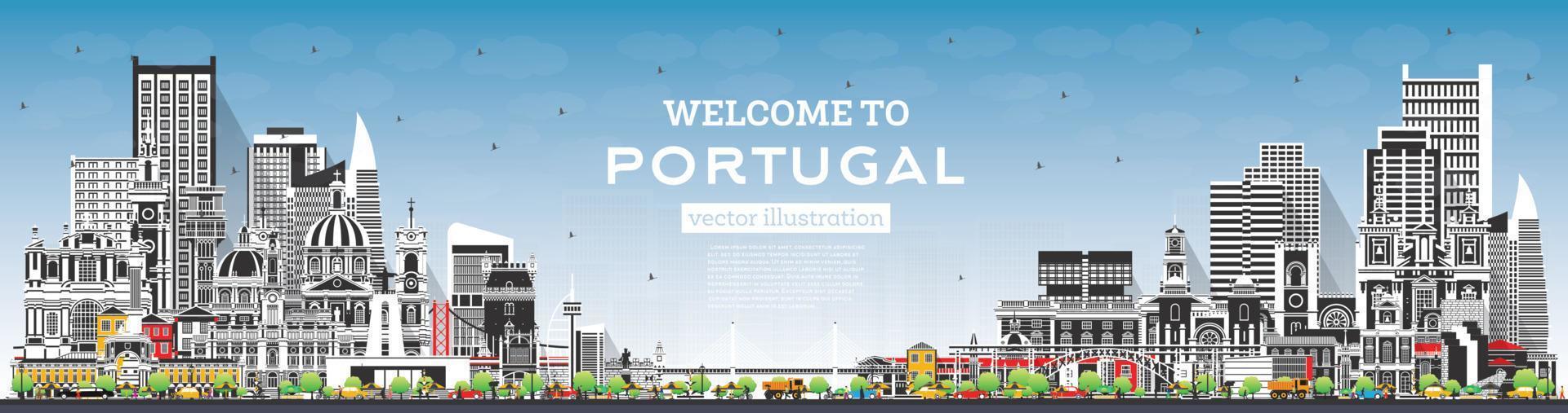 Welkom naar Portugal. stad horizon met grijs gebouwen en blauw lucht. vector