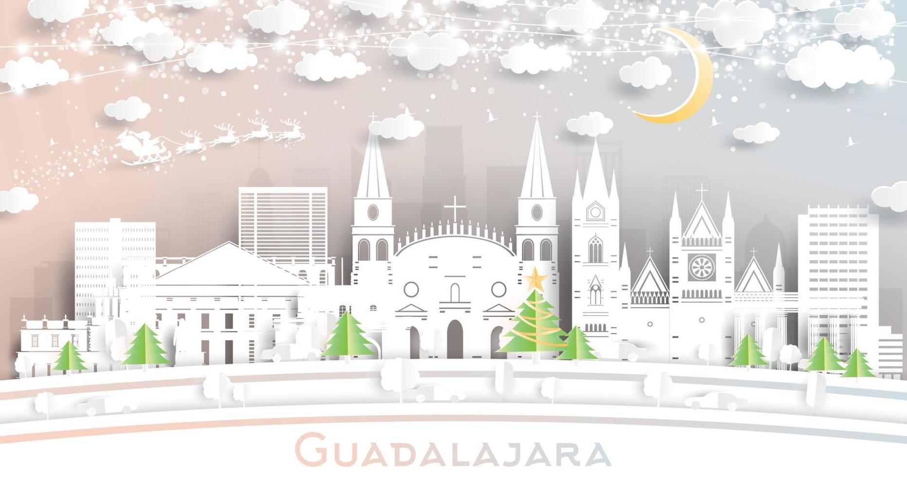 guadalajara Mexico stad horizon in papier besnoeiing stijl met sneeuwvlokken, maan en neon guirlande. vector