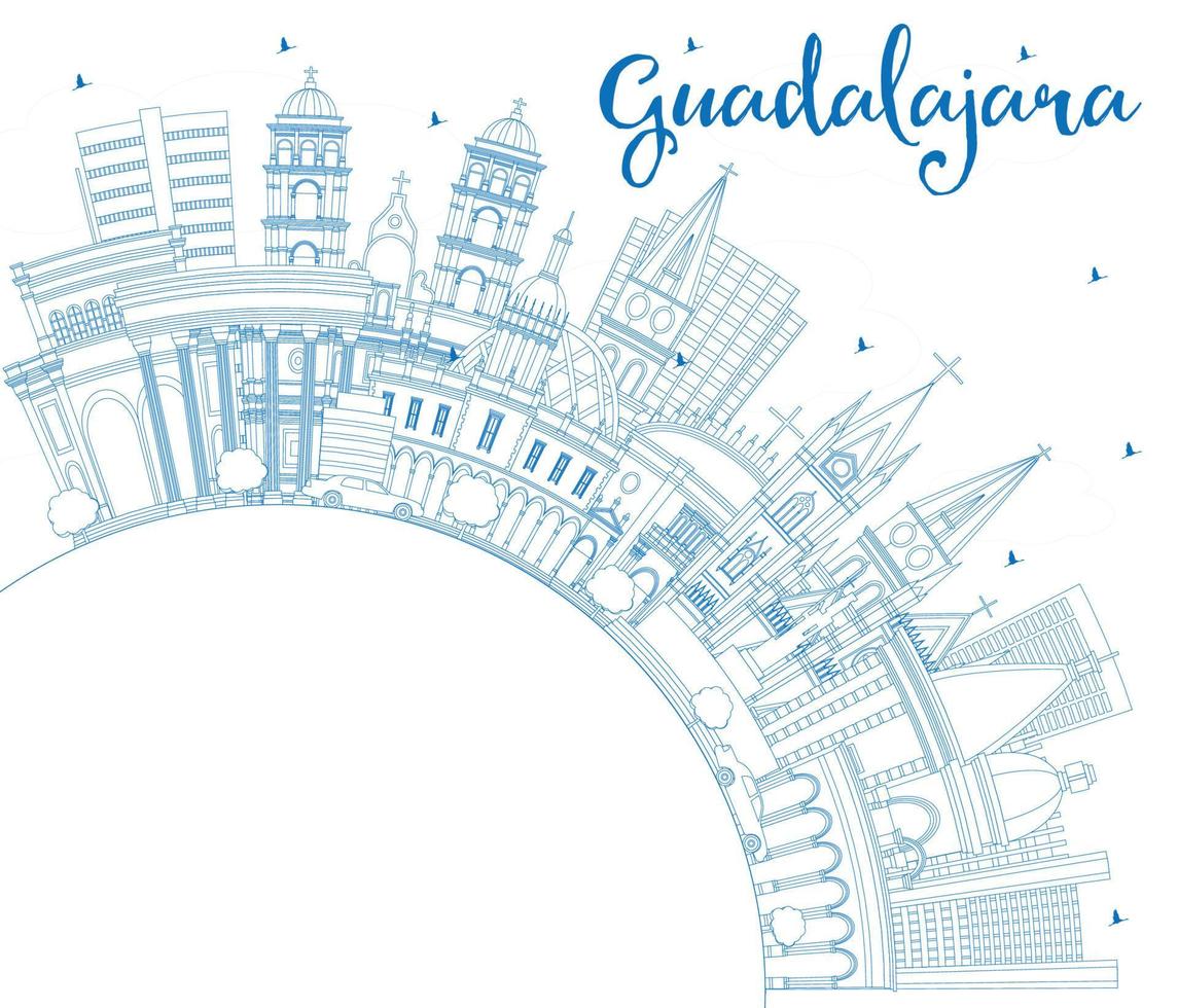 schets guadalajara Mexico stad horizon met blauw gebouwen en kopiëren ruimte. vector