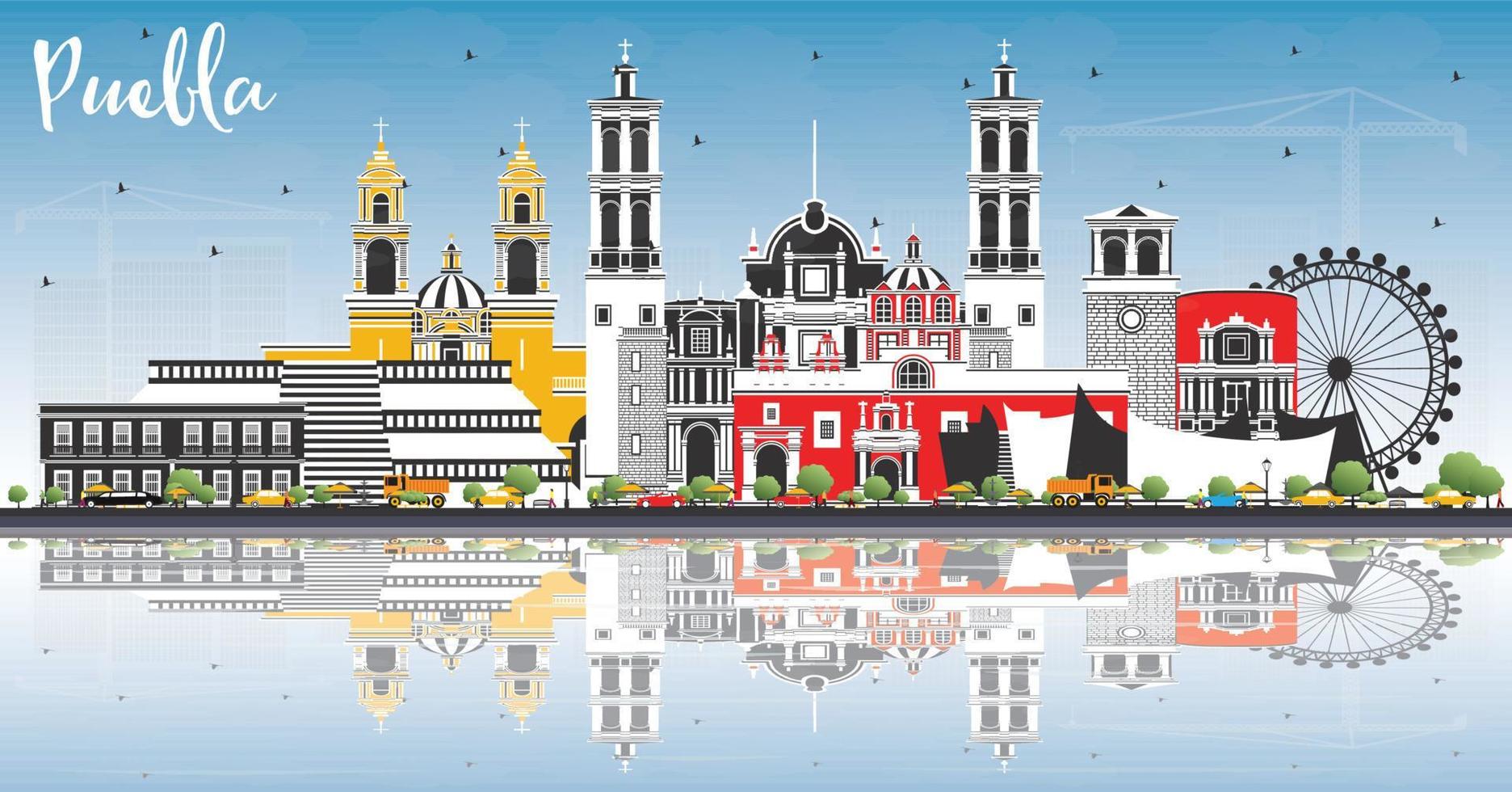 puebla Mexico stad horizon met kleur gebouwen, blauw lucht en reflecties. vector
