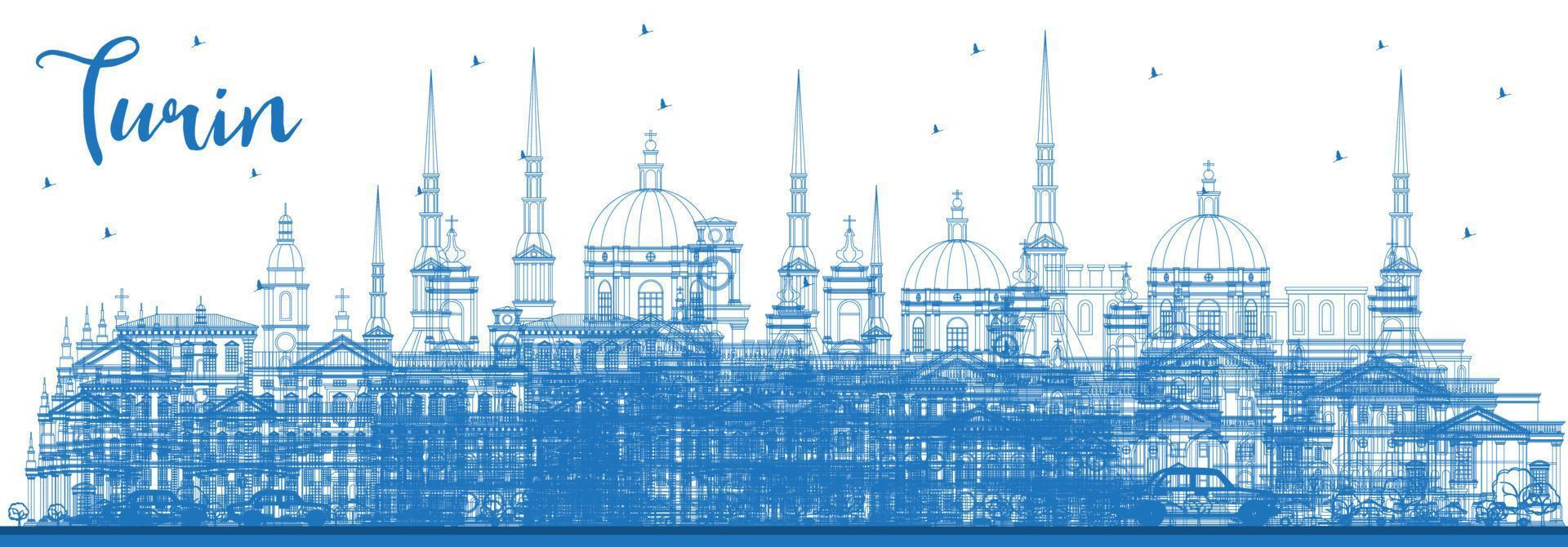 schets Turijn Italië stad horizon met blauw gebouwen. vector