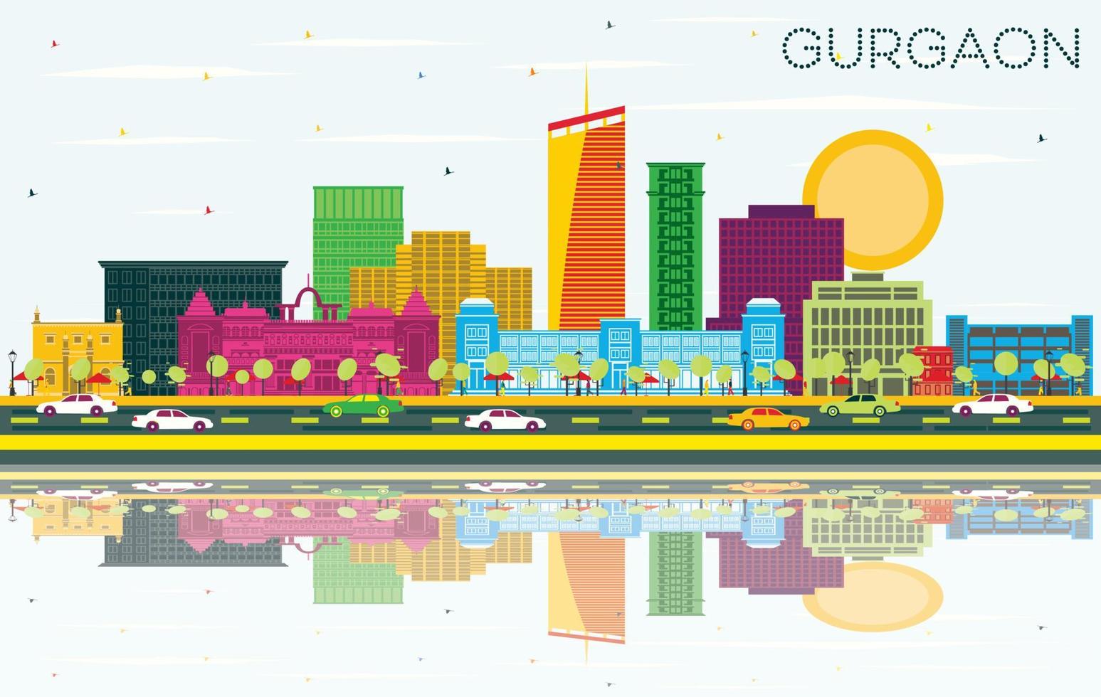 Gurgaon Indië stad horizon met kleur gebouwen, blauw lucht en reflecties. vector