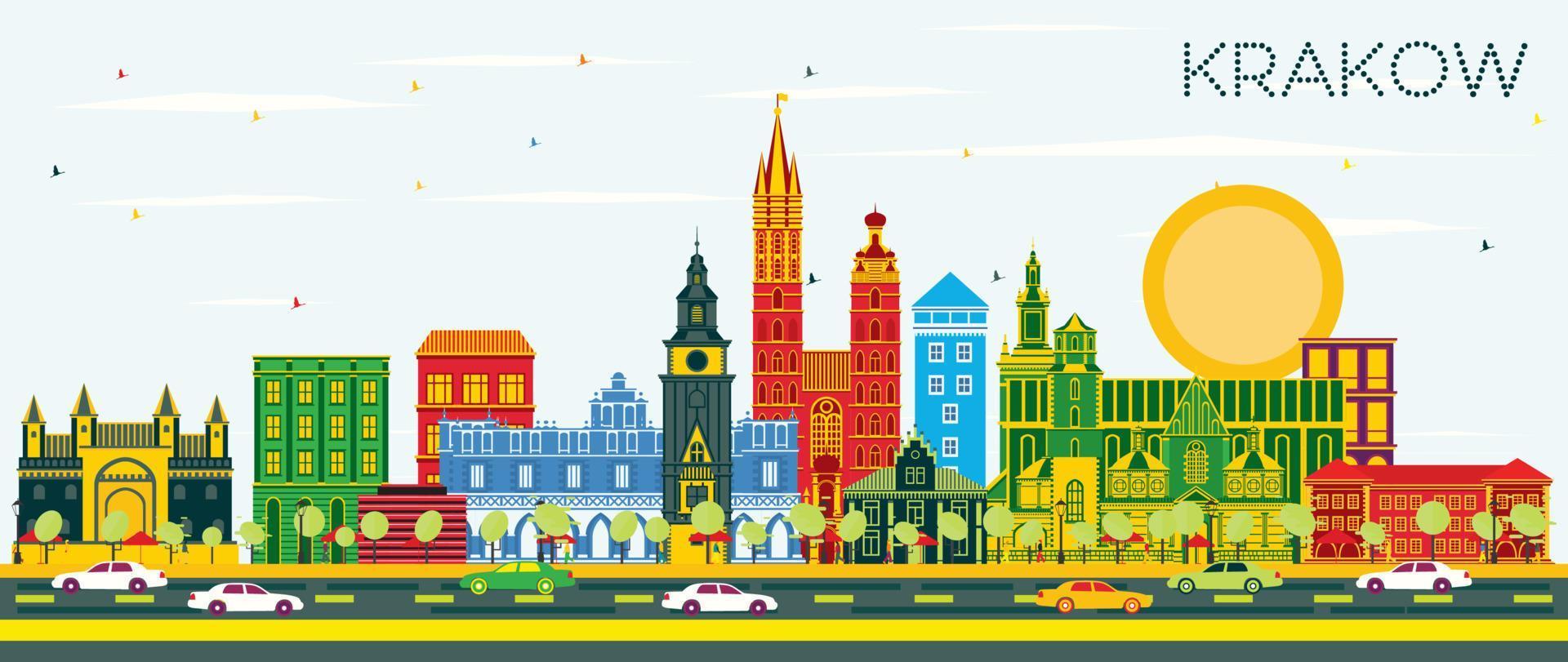 Krakau Polen stad horizon met kleur gebouwen en blauw lucht. vector