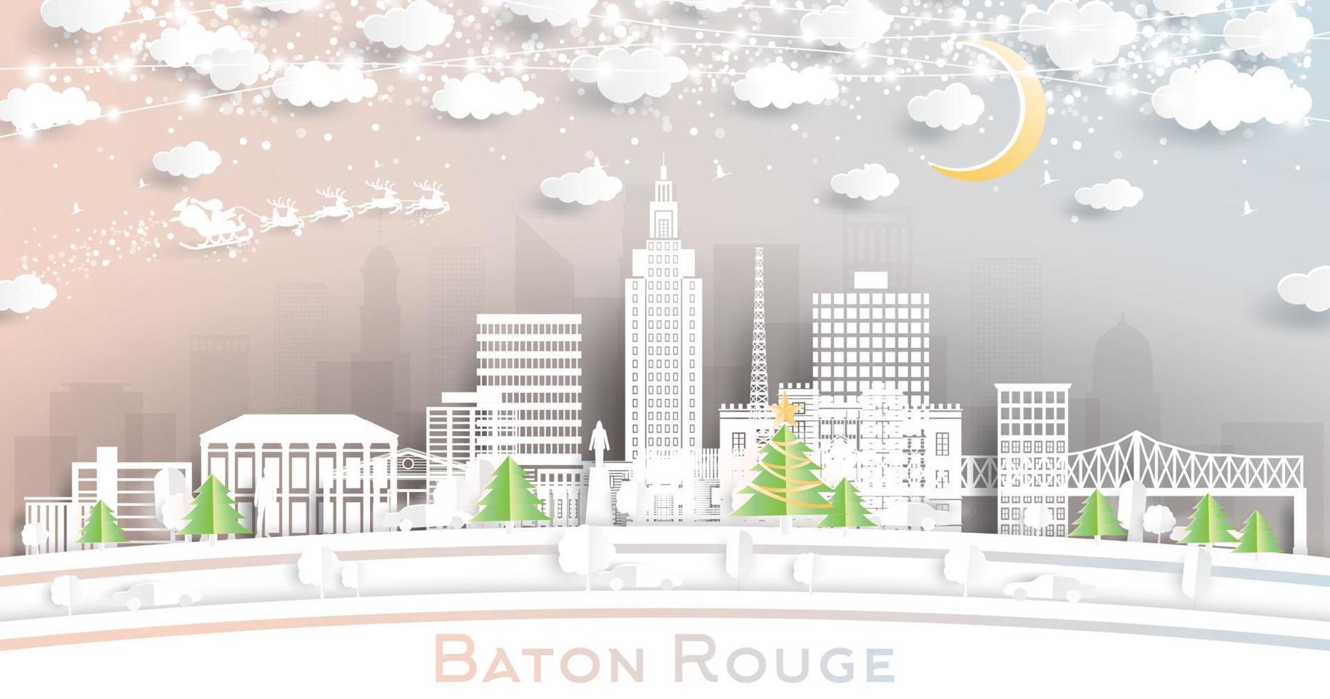 stok rouge Louisiana stad horizon in papier besnoeiing stijl met sneeuwvlokken, maan en neon guirlande. vector
