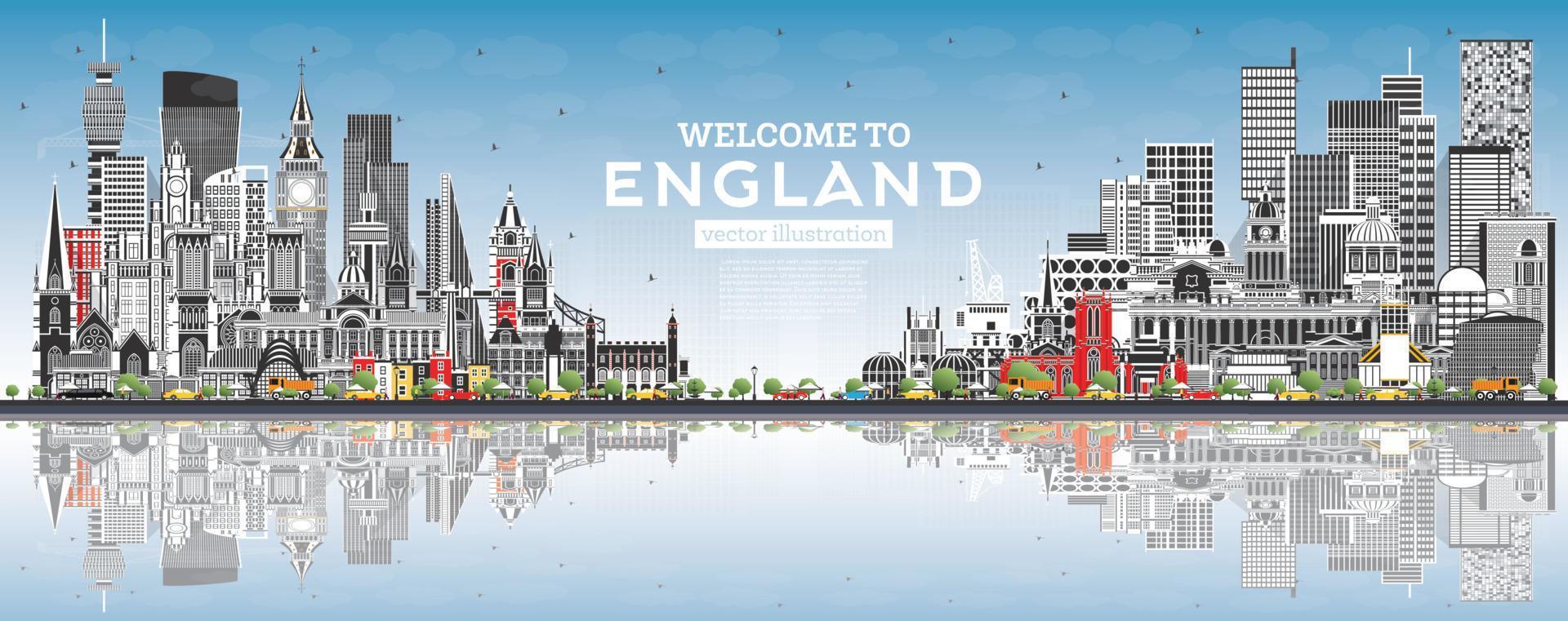 Welkom naar Engeland stad horizon met grijs gebouwen, blauw lucht en reflecties. vector