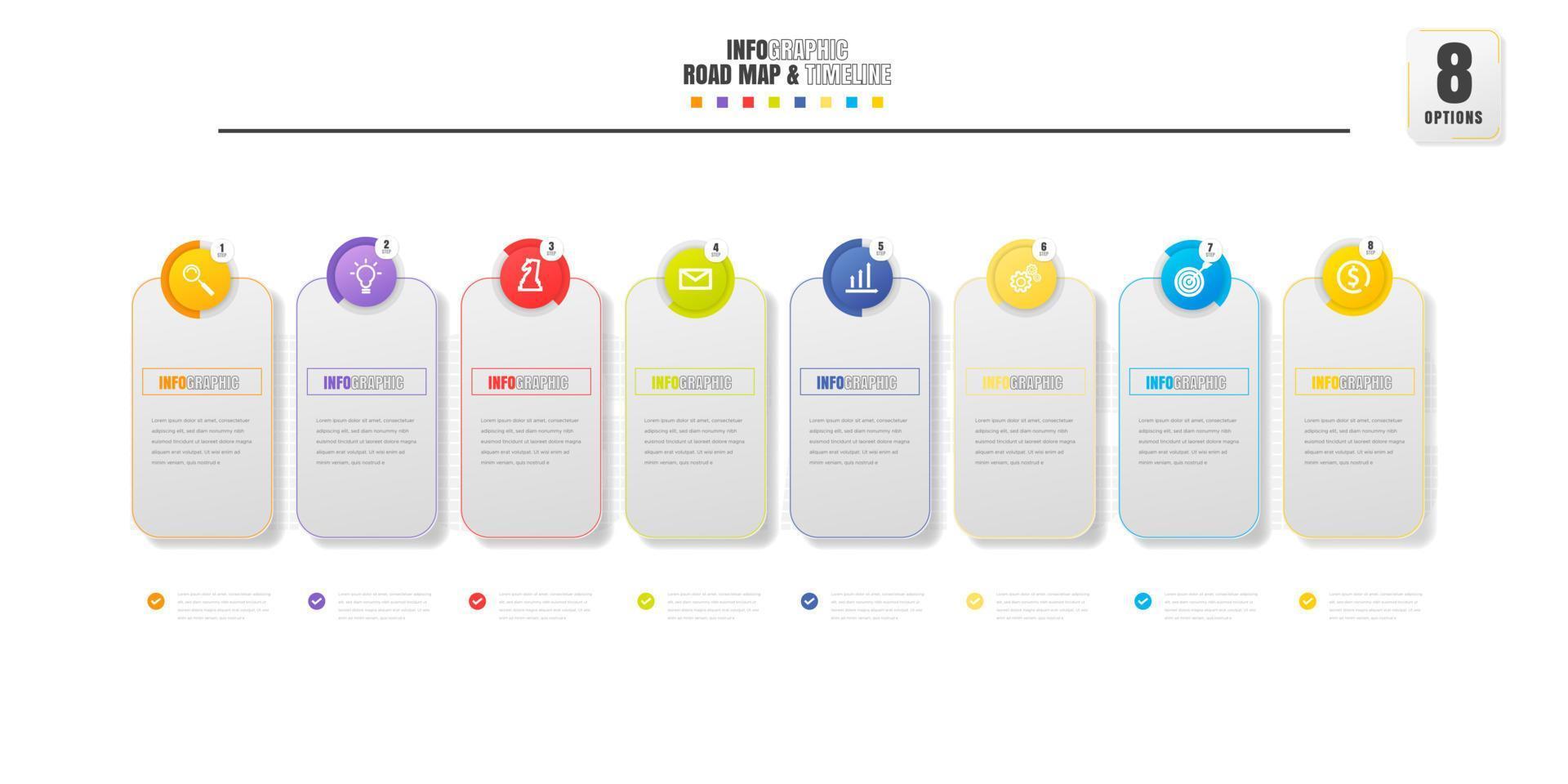 tijdlijn infographics ontwerp sjabloon met 8 opties, werkwijze diagram. vector