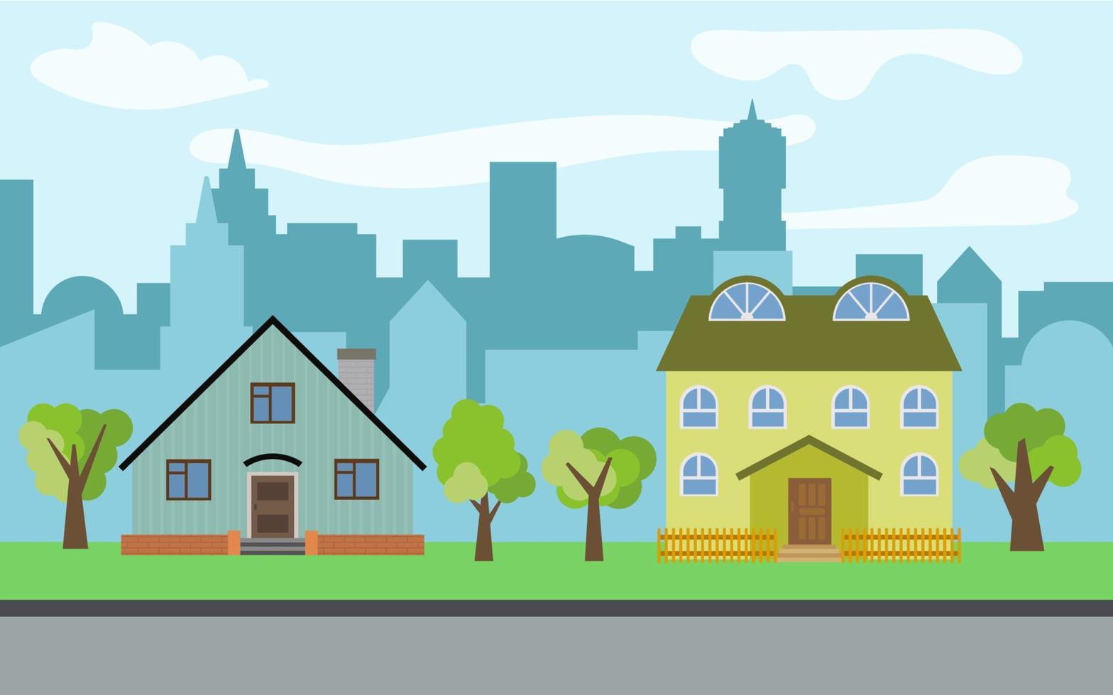 vector stad met twee twee verdiepingen tekenfilm huizen en groen bomen in de zonnig dag. zomer stedelijk landschap. straat visie met stadsgezicht Aan een achtergrond