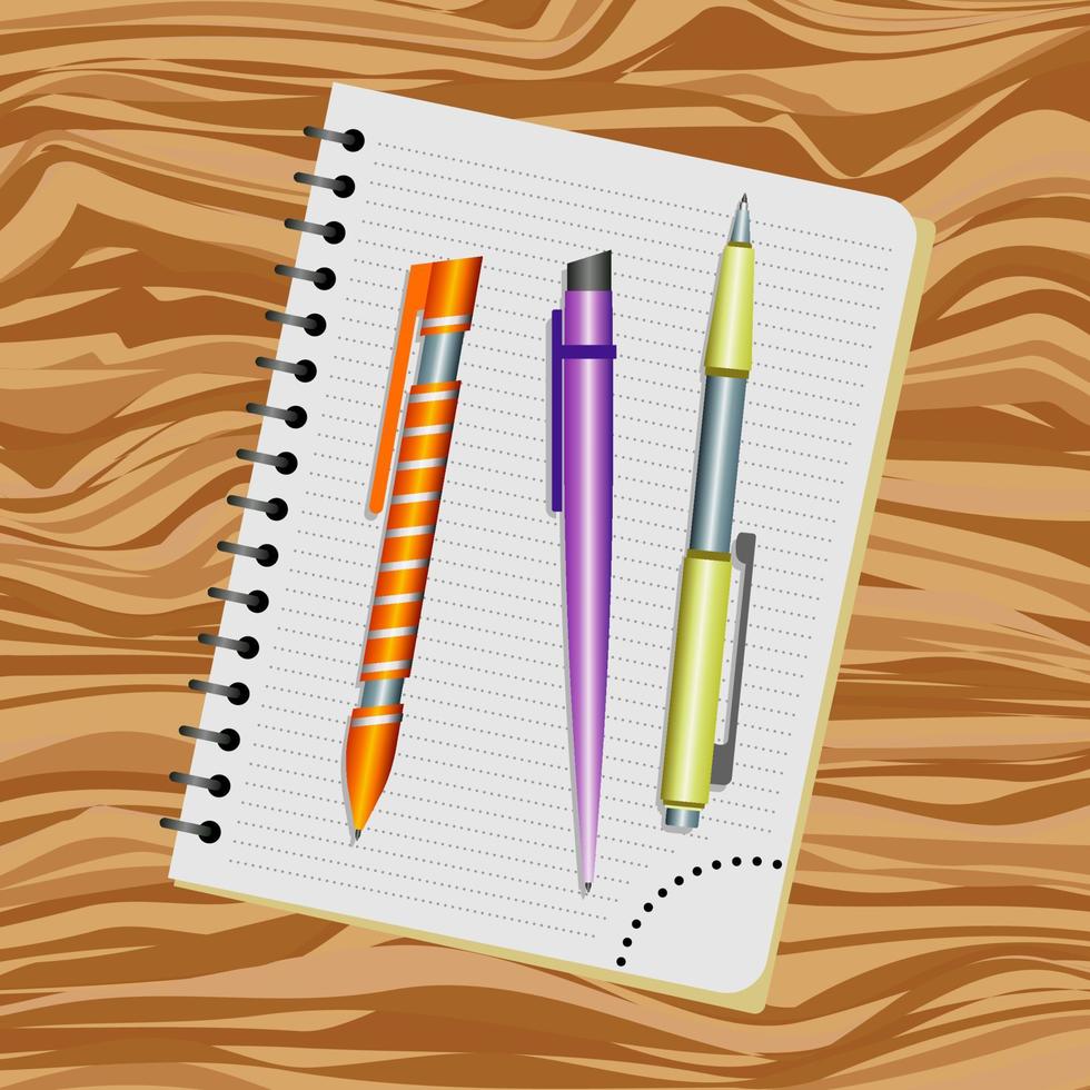 notitieboekje, oranje pen, Purper pen en geel pen Aan een houten tafel vector