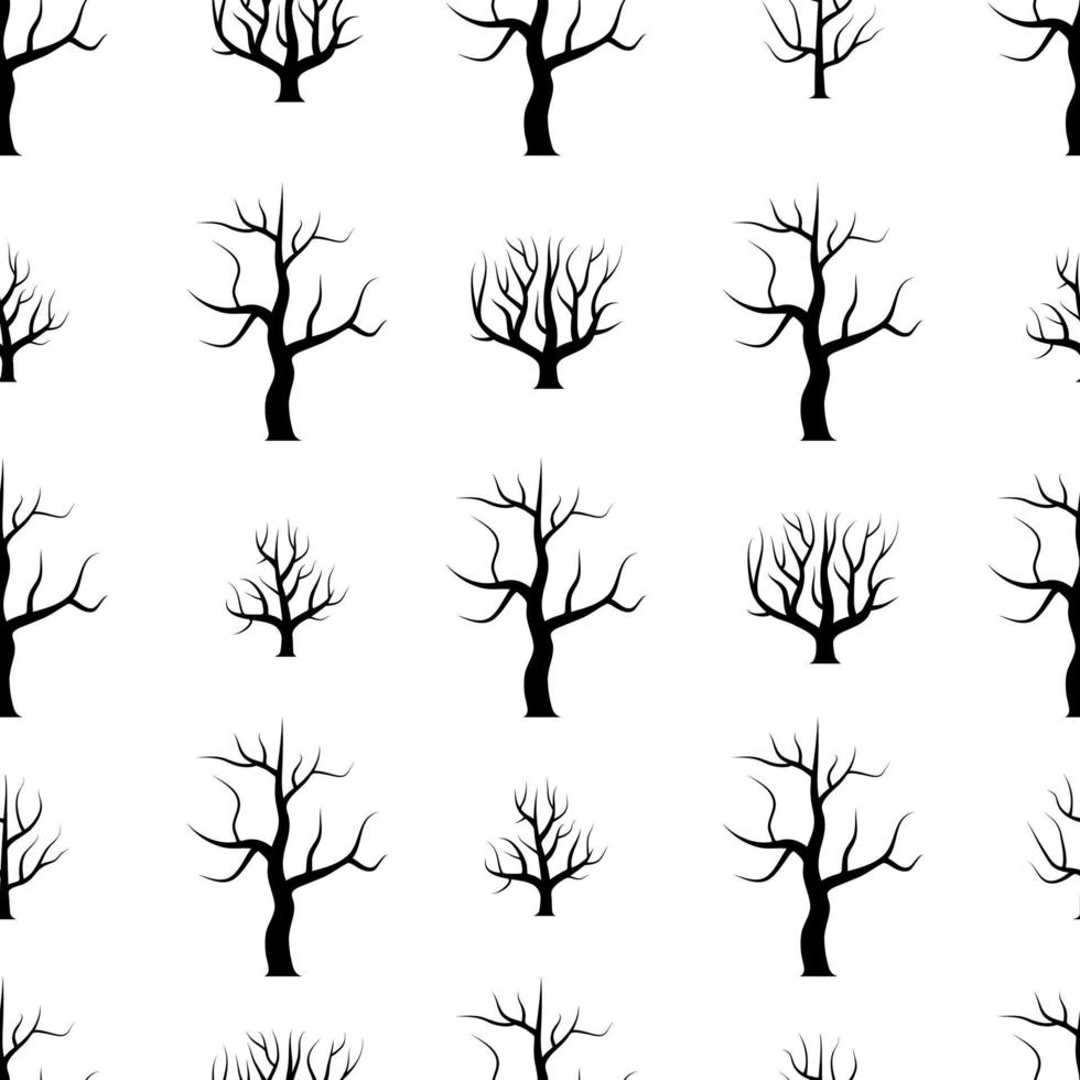 naadloos zwart en wit gebogen bomen zonder bladeren achtergronden. vector Woud naadloos textuur.