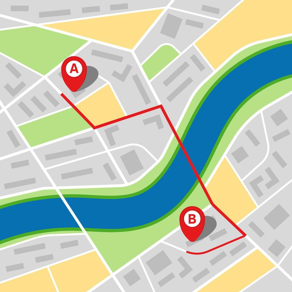 stad kaart van een denkbeeldig stad met een rivier- en route van punt een naar punt b. vector illustratie.