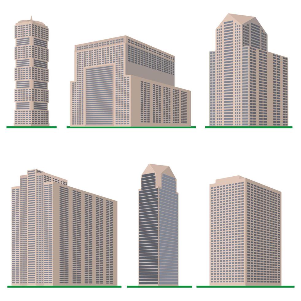 reeks van zes modern hoogbouw gebouw Aan een wit achtergrond. visie van de gebouw van de onderkant. isometrische vector illustratie.