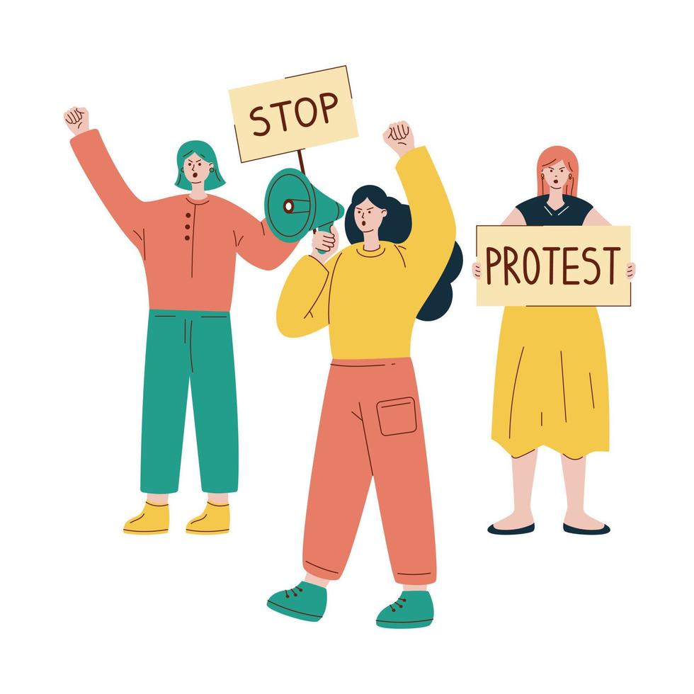 vector illustratie met protesteren Dames. meisje met luidspreker. twee meisjes met plakkaten. protest.