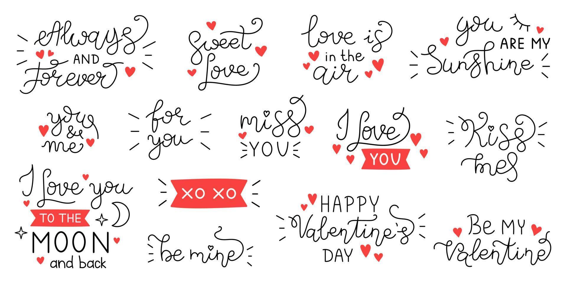 vector valentijnsdag dag reeks van handgeschreven belettering zinnen. verzameling van zwart liefde tekst met rood harten. romantisch citaten voor groet kaarten of spandoeken.
