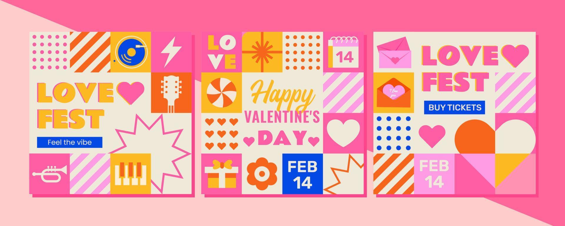 een reeks van 3 mozaïek-stijl Sjablonen naar vieren Valentijnsdag dag festival. de ontwerp is perfect net zo een vakantie uitnodiging, ansichtkaart of sociaal media advertentie en veel meer vector