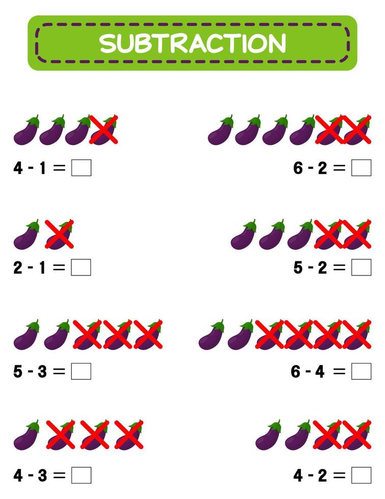 aftrekken. wiskunde werkblad voor kinderen. ontwikkelen rekenvaardigheid vaardigheden. oplossen voorbeelden en schrijven. wiskunde. vector illustratie.educatief wiskunde kinderen spel. aftrekken voor kinderen.