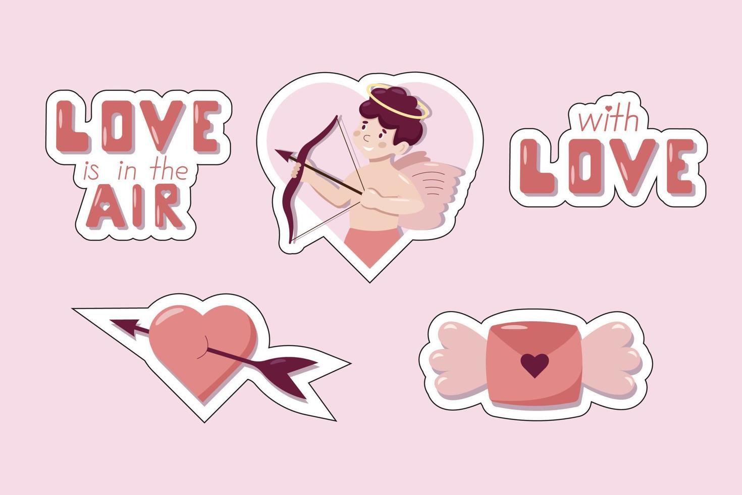 Valentijn dag concept vector tekenfilm elementen Cupido, brieven met Vleugels, harten en belettering stickers. roze schattig stickers voor omhulsel papier en geschenk dozen