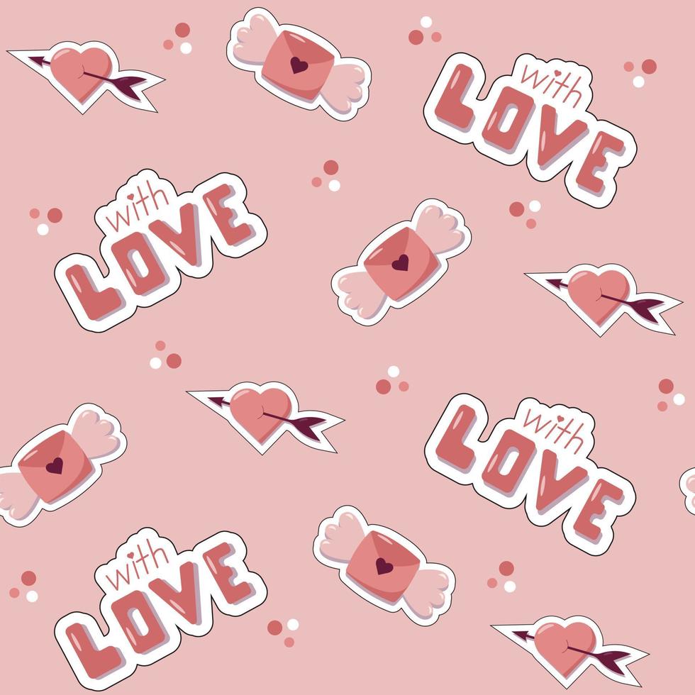 Valentijn dag concept naadloos patroon met vector wijnoogst schattig tekenfilm stickers, brieven met Vleugels en harten. roze achtergrond voor omhulsel papier en geschenk dozen