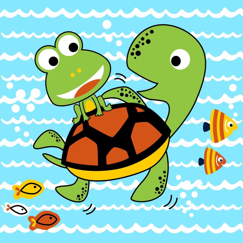 grappig marinier dieren, kikker rijden Aan schildpadden rug, vector tekenfilm illustratie