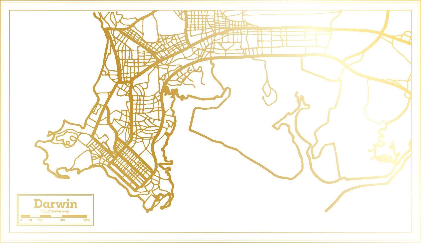 Darwin Australië stad kaart in retro stijl in gouden kleur. schets kaart. vector