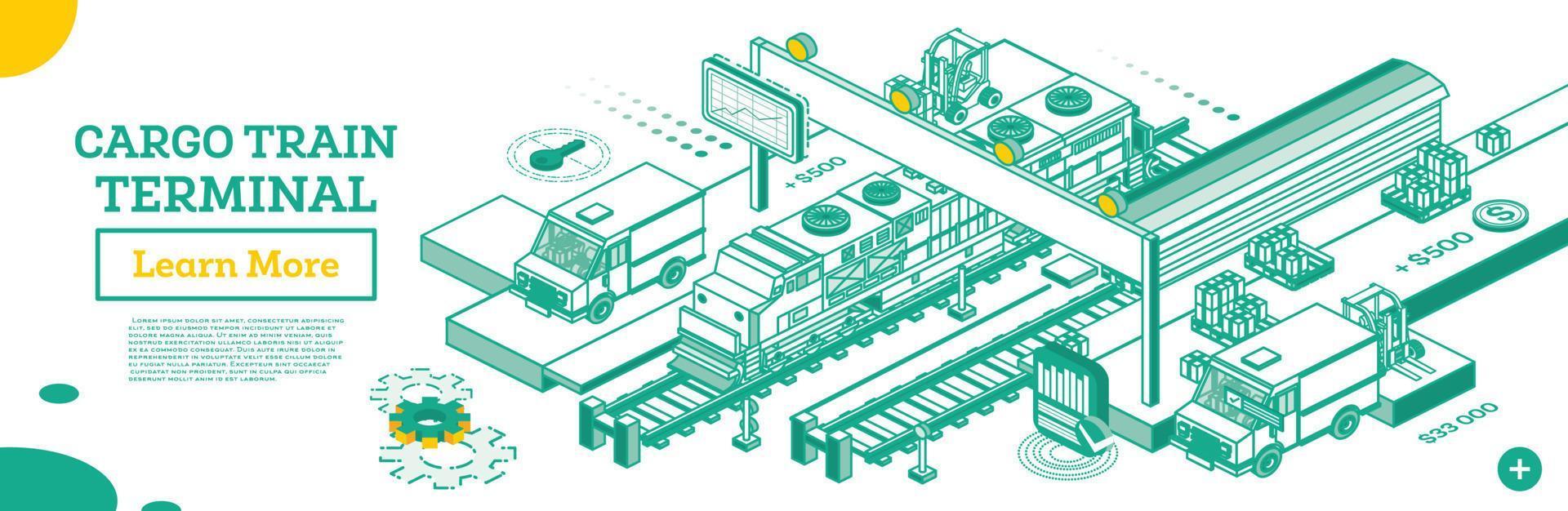 schets lading trein terminal. locomotief met gesloten goederenwagen. isometrische spoorweg station. vector