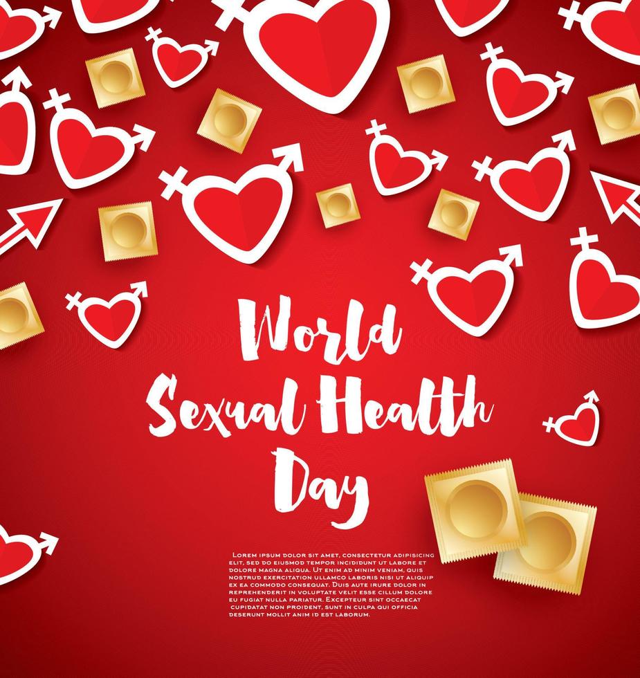wereld seksueel Gezondheid dag. harten en condooms Aan rood achtergrond. vector