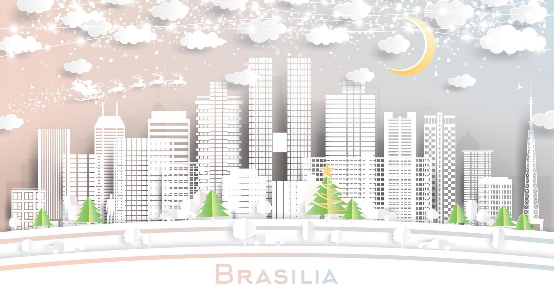 Brasilia Brazilië stad horizon in papier besnoeiing stijl met sneeuwvlokken, maan en neon guirlande. vector