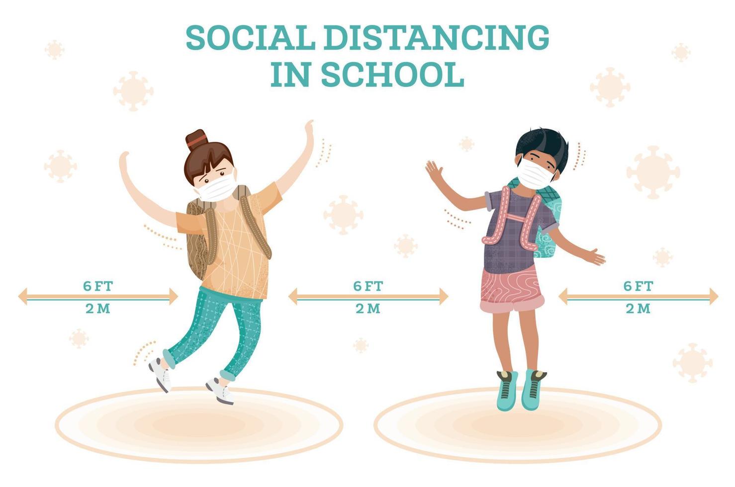 sociaal afstand nemen in school. jong meisje en jongen jumping samen. nieuw normaal levensstijl concept. vector