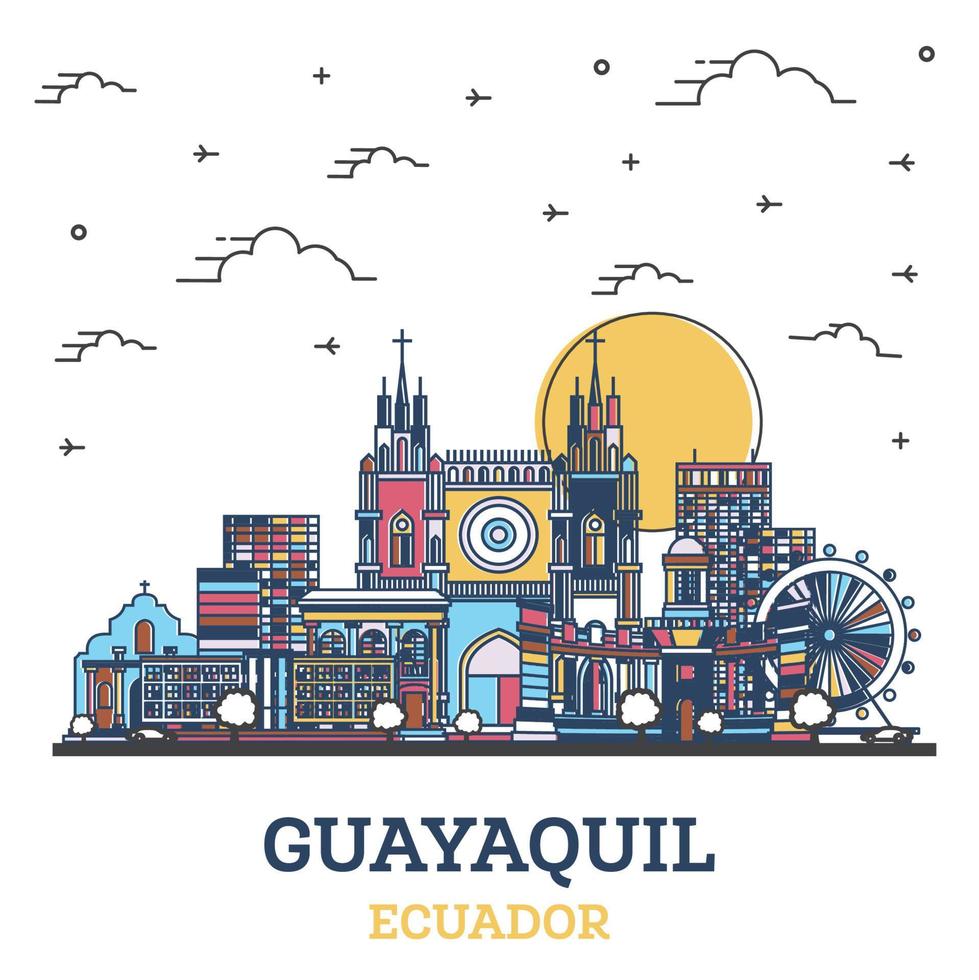 schets guayaquil Ecuador stad horizon met gekleurde historisch gebouwen geïsoleerd Aan wit. vector