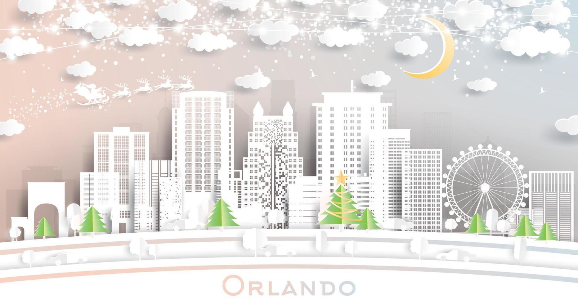 orlando Florida Verenigde Staten van Amerika stad horizon in papier besnoeiing stijl met sneeuwvlokken, maan en neon guirlande. vector