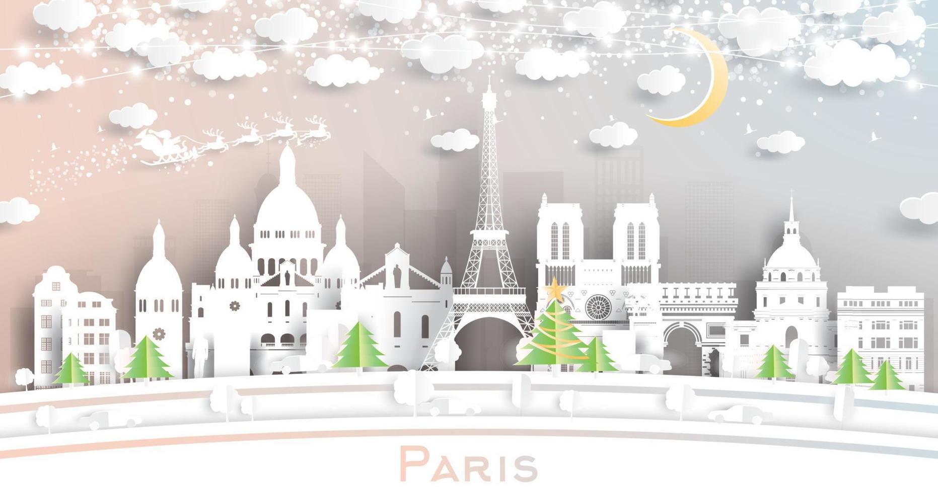 Parijs Frankrijk stad horizon in papier besnoeiing stijl met sneeuwvlokken, maan en neon guirlande. vector
