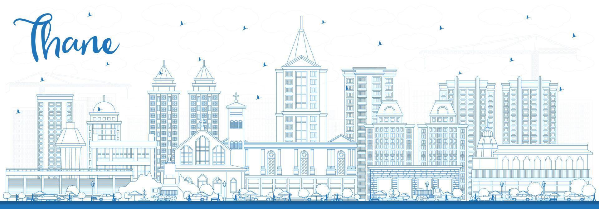 schets dan Indië stad horizon met blauw gebouwen. vector