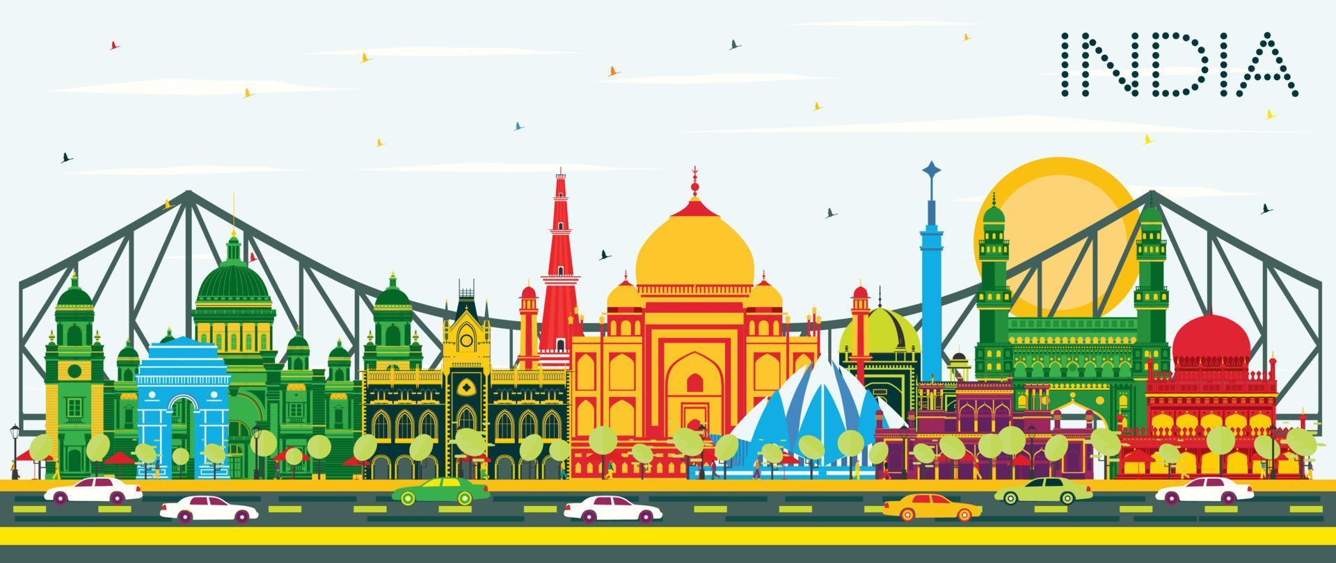 Indië stad horizon met kleur gebouwen en blauw lucht. vector