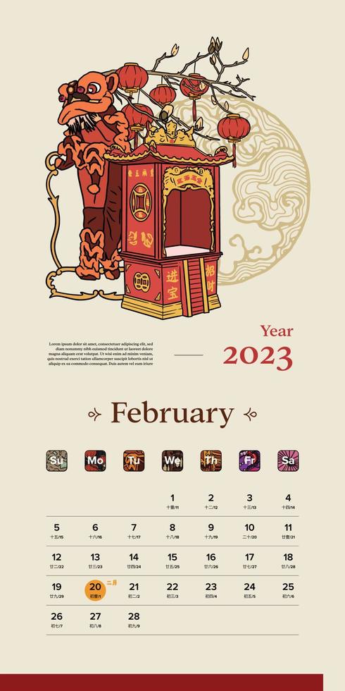 Chinese kalender in februari Indonesisch handgetekend illustratie vector