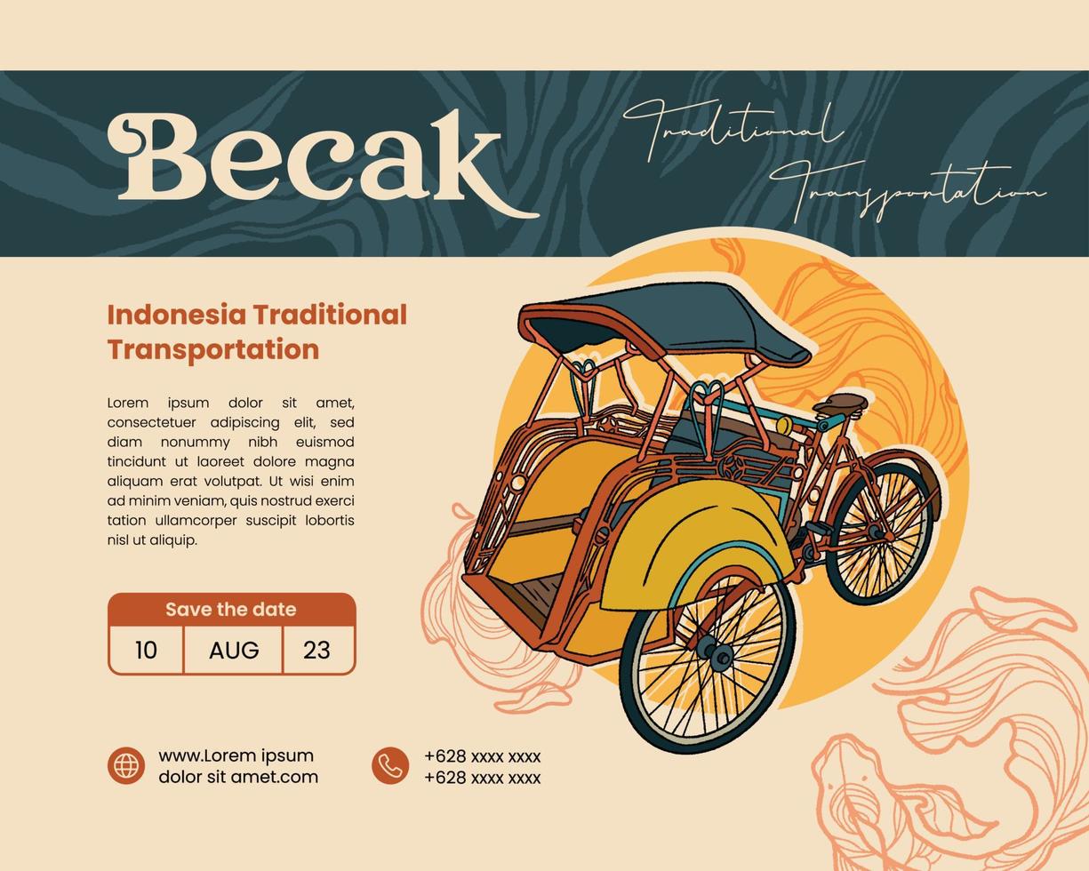 becak traditioneel vervoer hand- getrokken illustratie voor sociaal media post vector