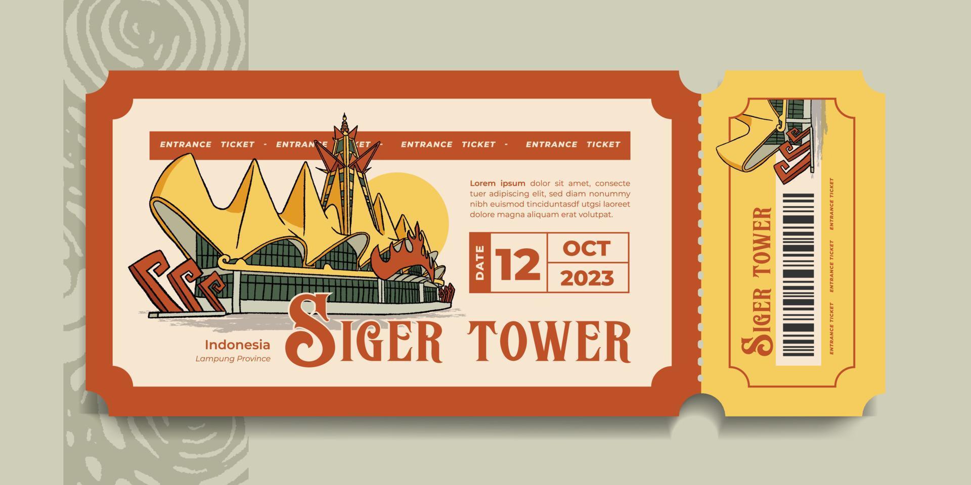 toerisme evenement tegoedbon ticket met lampung mijlpaal siger toren hand- getrokken illustratie vector