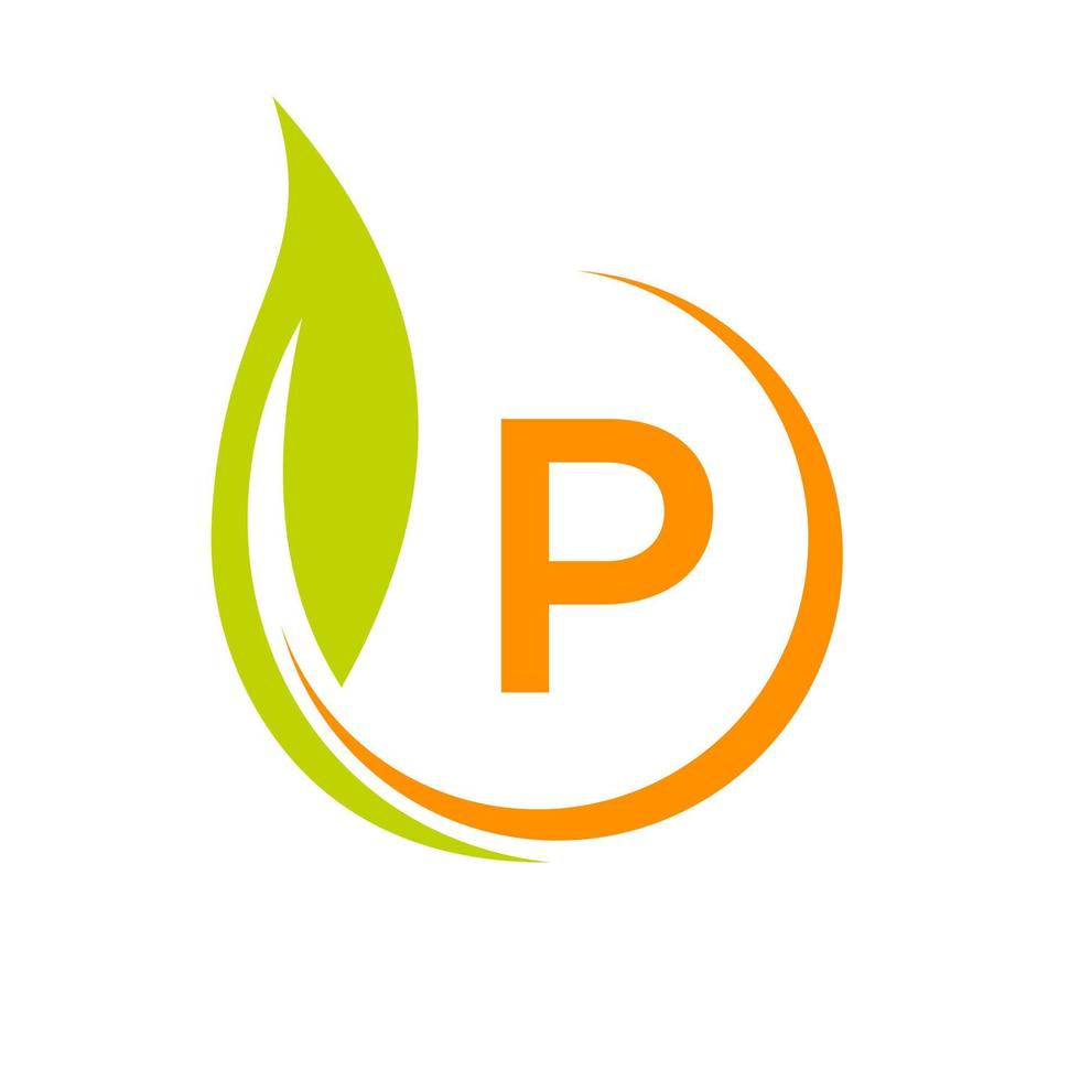 brief p eco logo concept met groen blad icoon vector