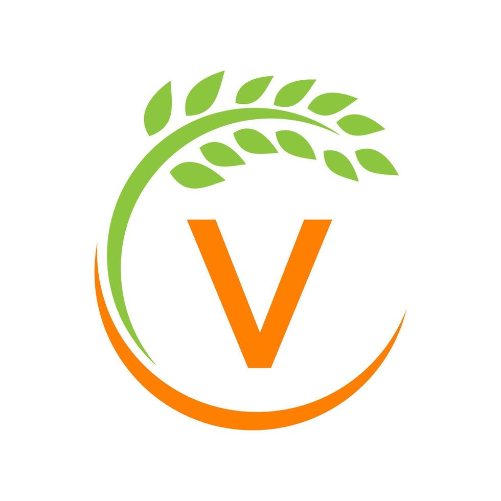landbouw logo Aan v brief concept. landbouw en landbouw weiland, melk, schuur logo vector